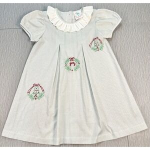 Shrimp & Grits Christmas Embroidered Green White Gingham Dress Toddler Girl JOY